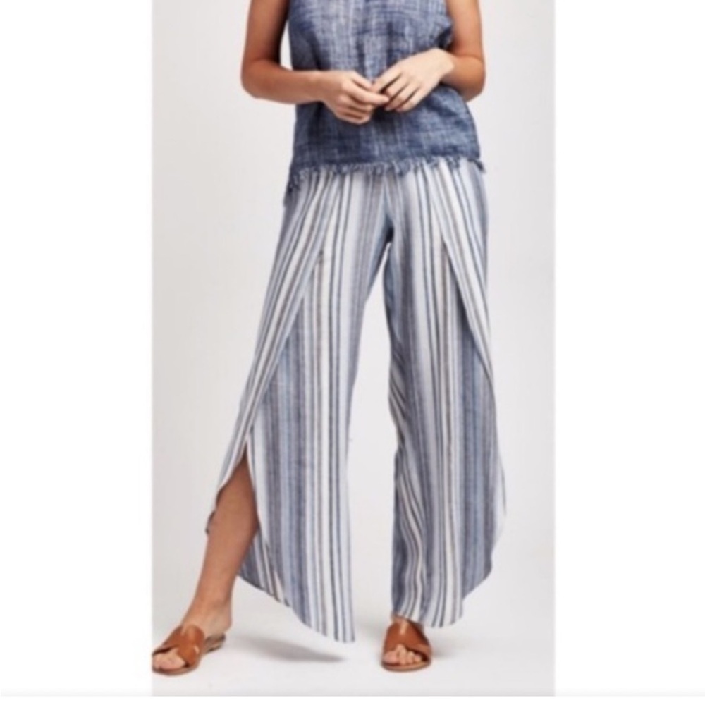 Drew Anthropologie Wide Leg Pull on Split Seam Harem Pants Blue Striped Medium